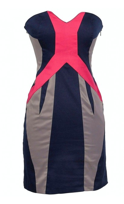 Pink and Navy Colorblock Strapless Designer Dress by Minuet